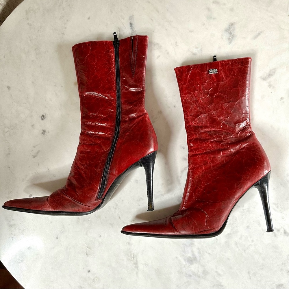 Vintage Genuine Leather Pointed Toe heeled Boots Buffalo London Red size 40